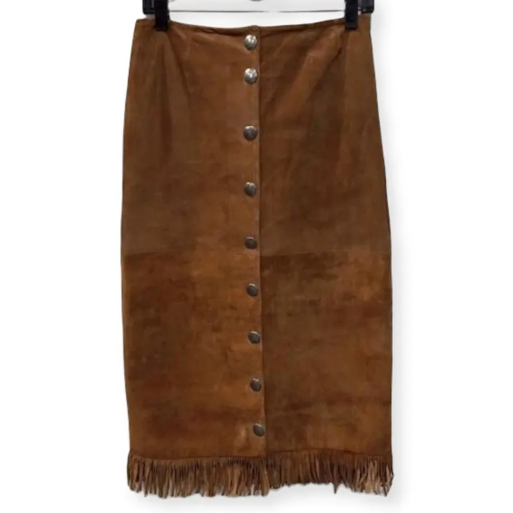 VINTAGE Brown Suede/Leather Long‎ Fringe Pencil Skirt